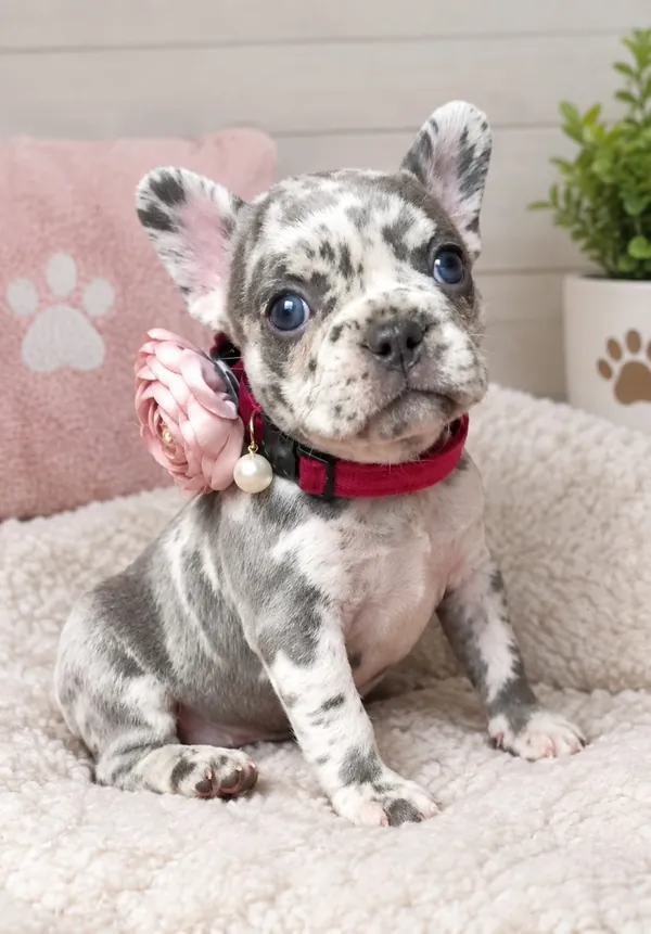 Cachorro de Bulldog Francés con collar rojo y flor rosa, sobre una cobija de borrega