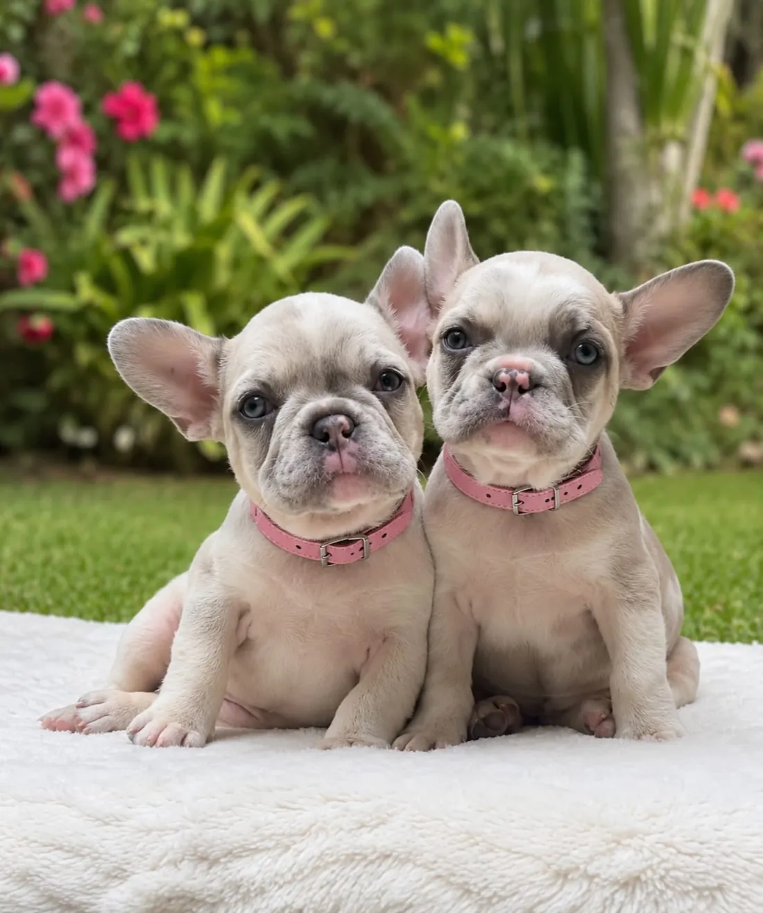 Dos cachorros de Bulldog Francés con collares rosas, sentados sobre una manta en el jardín