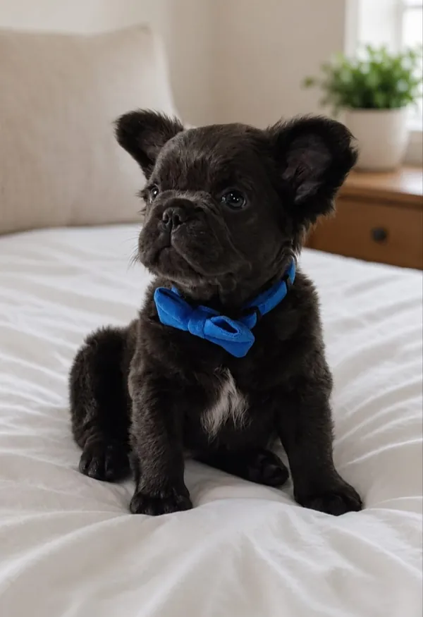 Cachorro de Bulldog Francés con moño azul, sentado sobre la cama