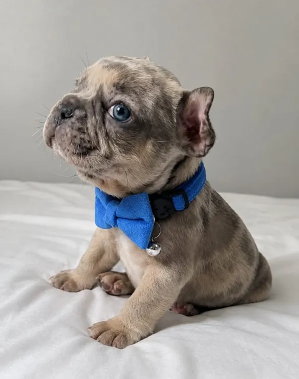 Cachorro de Bulldog Francés con moño azul, sentado sobre una sábana blanca